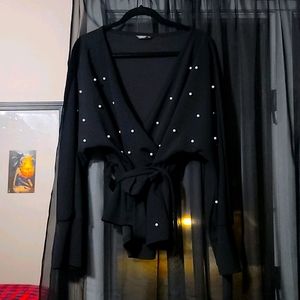 Black long sleeve blouse with belt waist